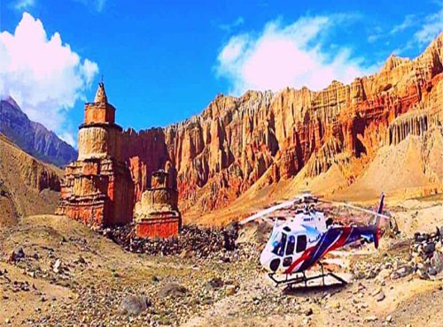 Helicopter landing in Upper Mustang Region